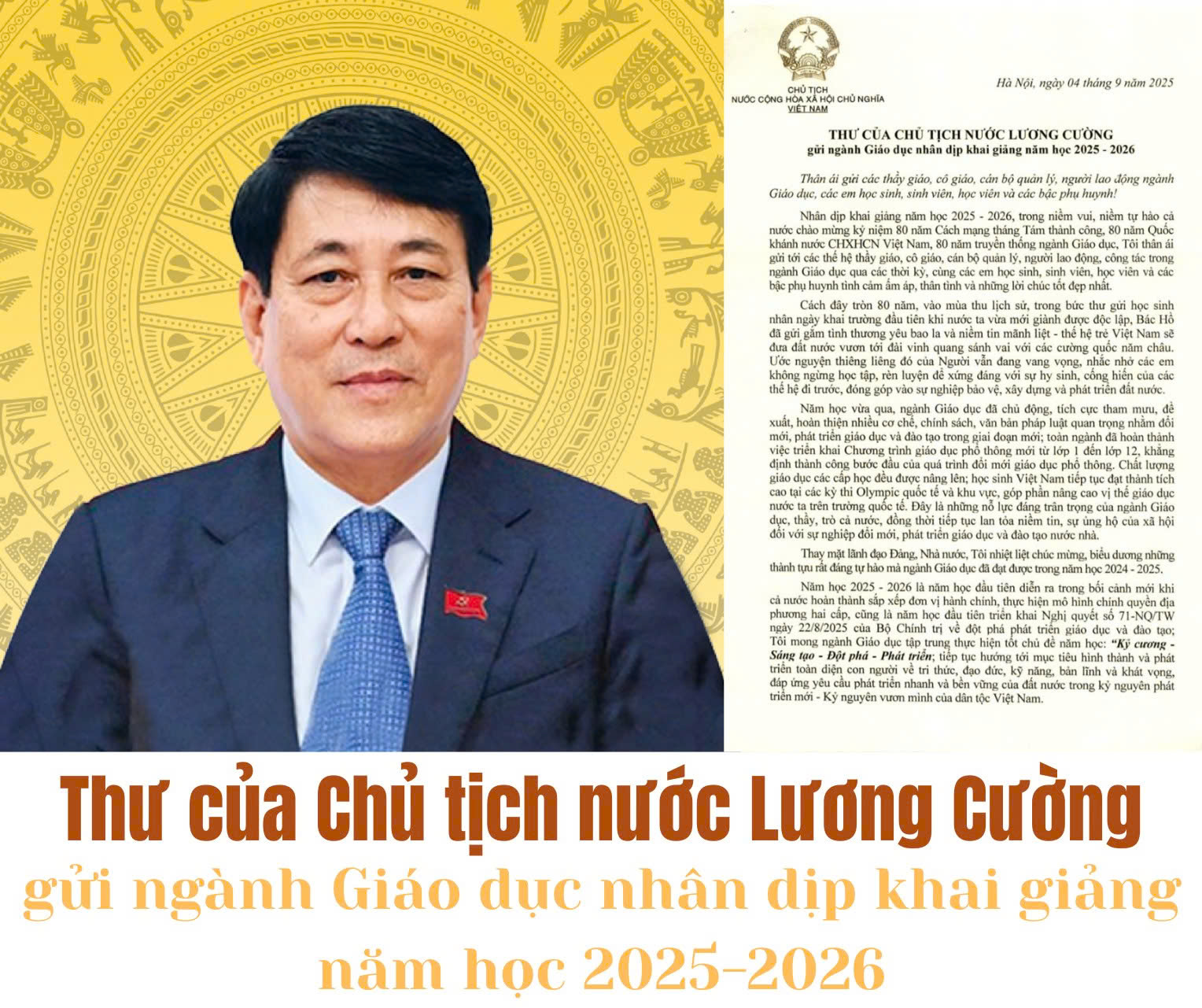 THƯ CỦA CHỦ TỊCH NƯỚC LƯƠNG CƯỜNG GỬI NGÀNH GIÁO DỤC NHÂN NGÀY KHAI GIẢNG NĂM HỌC 2025 - 2026