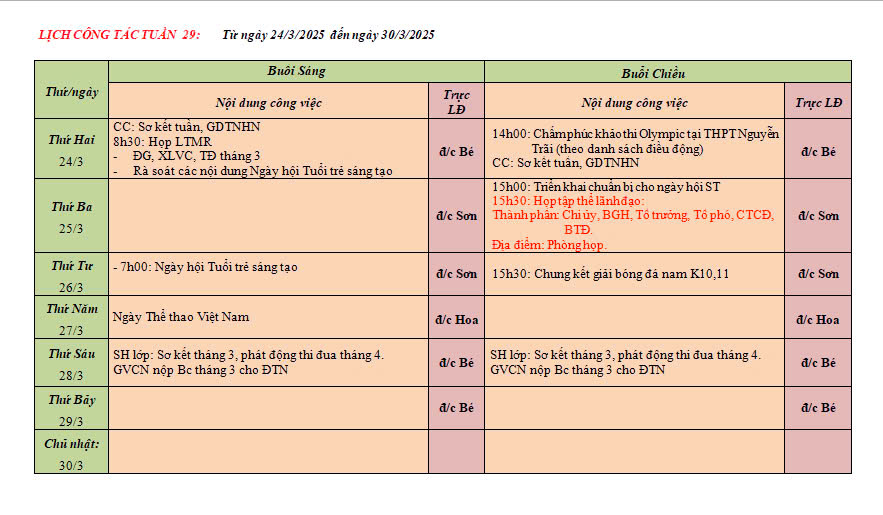 Lịch công tác tuần 29 (Từ 24/3 đến 30/3/2025)