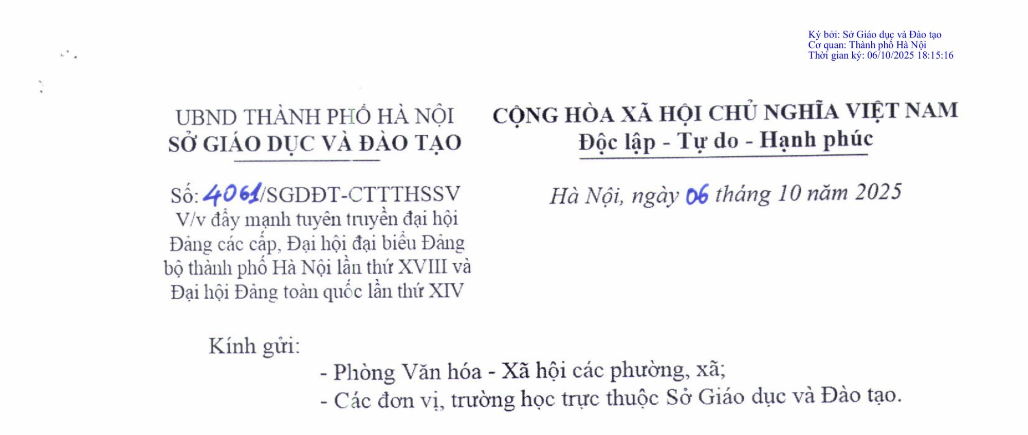 Công Văn về việc đẩy mạnh tuyên truyền Đại hội Đảng các cấp, Đại hội Đại biểu Thành phố Hà Nội lần thứ XVIII và Đại hội Đảng Toàn quốc lần thứ XIV